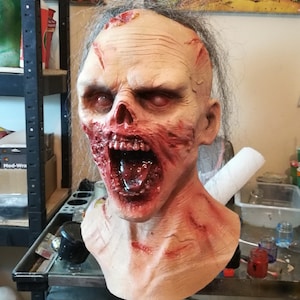 May include: A detailed, realistic zombie mask with a gaping mouth, exposed teeth, and blood splatters. The mask is made of a flesh-toned material and has realistic hair.