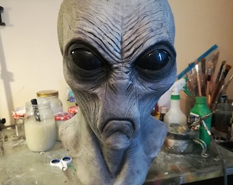 Evil Alien Grey Extraterrestrial Latex Mask Halloween Cosplay Costume Prop Bust Adult Full Head