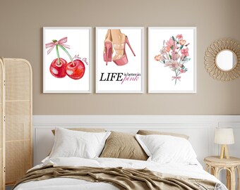 Pink Pastel Wall Art Prints Set of 3 – Cherries, High Heels, Floral (Digital Download)