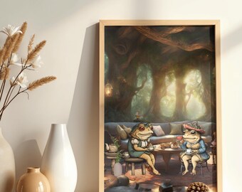 Whimsical Frog Tea Party Print – Cozy Kitchen Wall Art, Cottage Decor (Digital Download)