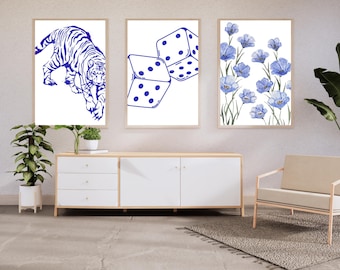 Blue Tiger Wall Art Prints Set of 3 – Minimalist Animal Decor (Digital Download)