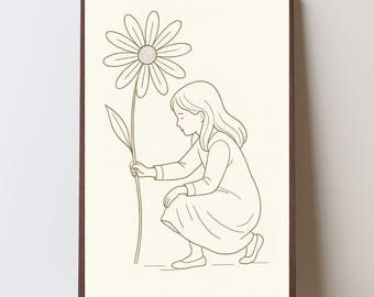 Minimale lijnkunst meisje en bloemenprint – Neutrale kunst aan de muur kinderkamer – Digitale downloadposter