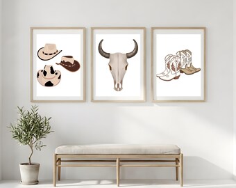 Klaagmuurkunst set van 3 | Cowboyhoedlaarzen Schedelafdrukken | Neutraal westers decor | Digitale download