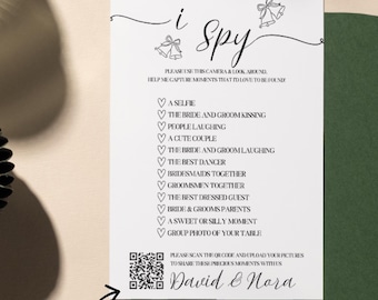 Bruiloft I Spy spel afdrukbaar, bewerkbare canva receptie foto speurtocht, QR-code uploaden, direct downloaden