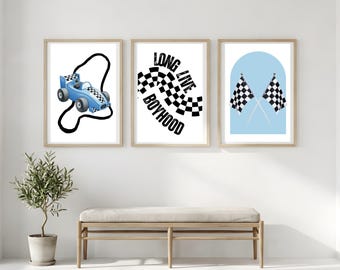 Raceauto kinderkamer muurkunst set van 3, vintage Racing Boy kamer decor, lang leve de jongens print, geblokte vlag kinderposter (digitale download)