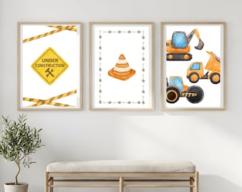 Bouw kinderkamer muur kunst set van 3, teken in aanbouw, print dumper graafmachine, jongenskamer decor (digitale download)
