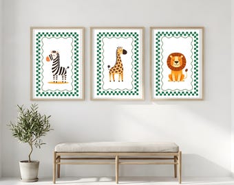 Safari dieren muurkunst set van 6, jungle kinderkamer prints, zebragiraf leeuw nijlpaard buffel antilope, kinderkamer decor (digitale download)