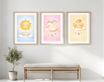 Watercolor Sun Moon Stars Nursery Art, Celestial Print Set (Digital Download)
