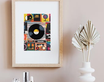 Retro Vinyl and Boombox Poster | 90s Music Digital Print | Vintage Music Wall Decor