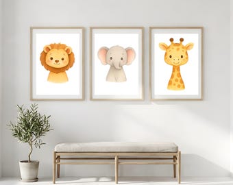 Safari dieren kunstprint set van 3, olifant leeuw giraf aquarel, neutrale babykamer prints, minimalistische moderne afdrukbare