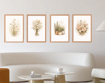 Botanische muurkunstset, neutrale aquarel bloemenprints (digitale download)