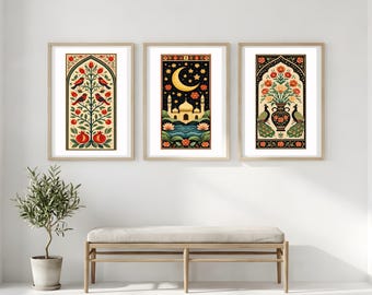 Islamic Folk Art Prints, Boho Celestial Peacock Decor (Digital Download Set of 3)