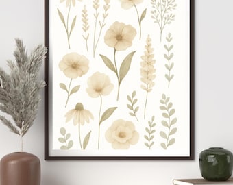 Neutrale botanische aquarelprint – Minimale bloemenmuurkunst – Digitale downloadposter