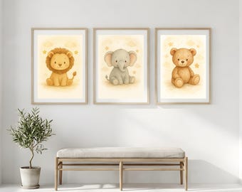 Kunst aan de muur kinderkamer afdrukbare set van 3, aquarel dierenportret, neutrale babykamer, minimal moderne kunst voor kinderen