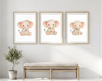 Babyolifant kunstprint set van 3, neutrale safaridieren, minimale aquarelafdrukken voor kinderkamer, modern bruin afdrukbaar