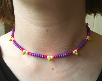 Colourful Teardrop Choker Necklace - Purple and Pink Seed Bead Necklace - Seed Bead Choker - Colorful Necklace - 90s Bead Choker - BeadWell