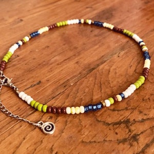 Colourful Choker Necklace - Olive Green Blue and Brown Seed Bead Necklace - Seed Bead Choker - Pattern Choker - 90s Bead Choker - BeadWell
