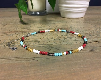 Colourful Choker Necklace - Red and Gold Seed Bead Necklace - Seed Bead Choker - Colorful Necklace - 90s Bead Choker - BeadWell