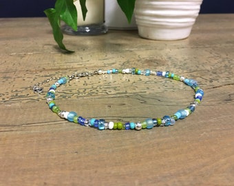 Colourful Choker Necklace - Aqua and Green Seed Bead Necklace - Seed Bead Choker - Colorful Necklace - Y2K Necklace -Gift For Her - BeadWell