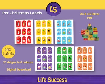 Pet Christmas Labels, red, green, yellow, blue, orange and purple, funny cats and dogs gift tags