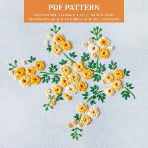 手刺繍パターン「クライミングローズ」｜動画チュートリアルとステップバイステップの説明付きフローラルフープアートデザイン - PDFデジタルダウンロード