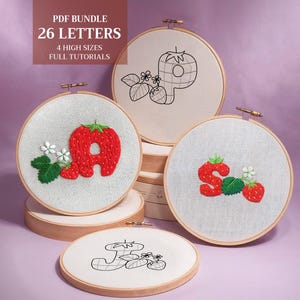 ストロベリーアルファベットフォントの手刺繍パターン: 初心者向けチュートリアル (PDF ダウンロードバンドル、高さ 1 ～ 2.5 インチのサイズ)