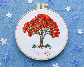 Hand Embroidery Kit with Pattern and Full Instructions, Blossom Flamboyant Tree Embroidery Kit with a White Background in a 6-inch hoop.