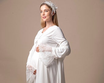 Elegant Labor And Delivery Gown Robe with Lace and Headband, Hospital Gown, Maternity Robe And Nightie Set,Photoshoot Gown, Hospital Bag
