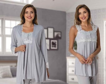 Maternity Nursing Set 3 Piece, Breastfeeding Pajama Set, Hospital Bag Outfit, Pregnancy Nightwear, Postpartum Robe Set, New Mom Gift