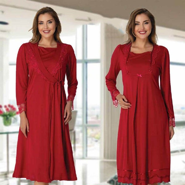 Red Labor And Delivery Gown Robe, Maternity Hospital Gown, Maternity Robe And Nightie Set, Photoshoot Gown, Hospital Bag,