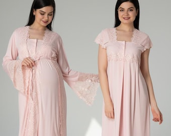 Zwangerschapsnachthemd met badjas | Nachtkleding voor borstvoeding | Babyshowercadeau voor nieuwe moeder | Jurk voor zwangerschap en postpartum