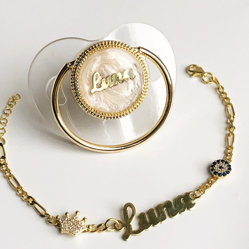 personalised gold pacifier bracelet bangle baby gift baby shower