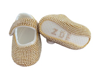 Swarovski Baby Shoes, Cadeau personnalisé pour bébé fille, Chaussures pour bébé fille Or Argent