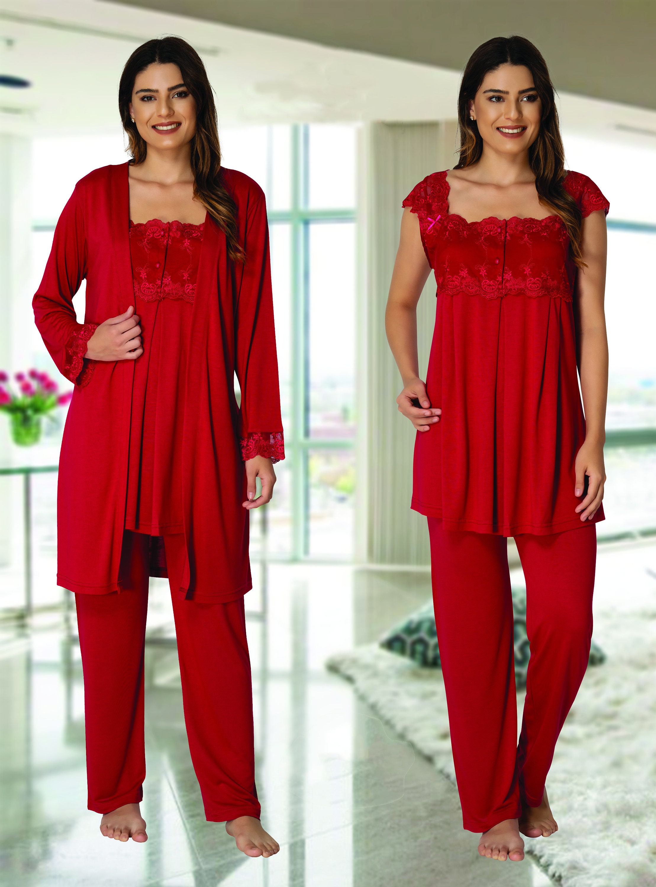 Robe Pyjama Maternité En Dentelle à Manches Longues – 100% Coton – Pour Allaitement Et Nuit – Taille M (rouge)