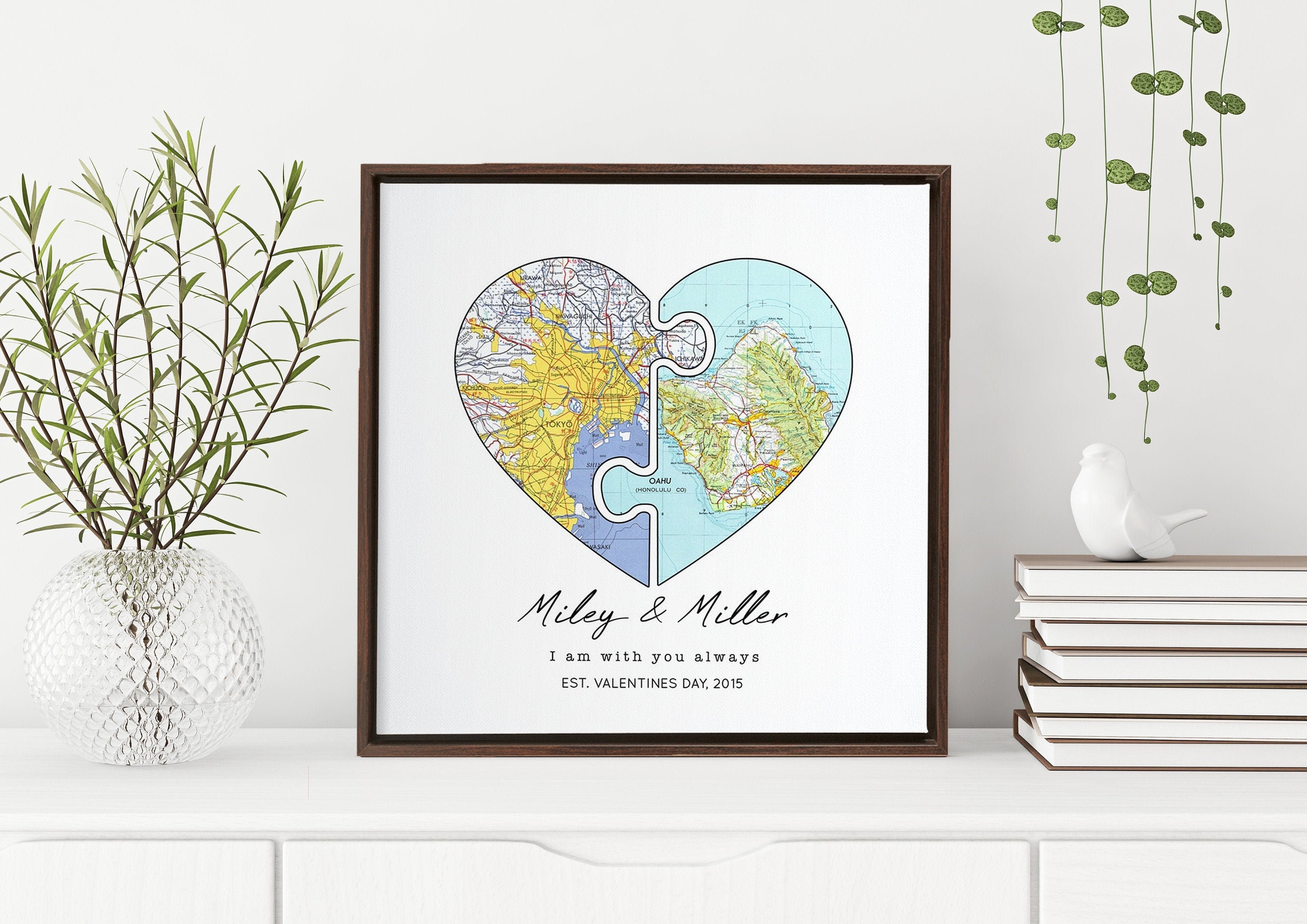 Personalized Heart Map On Canvas Heart Puzzle map print Map Etsy