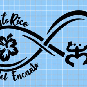 May include: Black and white infinity symbol design with the text "Puerto Rico Isla del Encanto" and a hibiscus flower on one side and a stylized frog on the other.