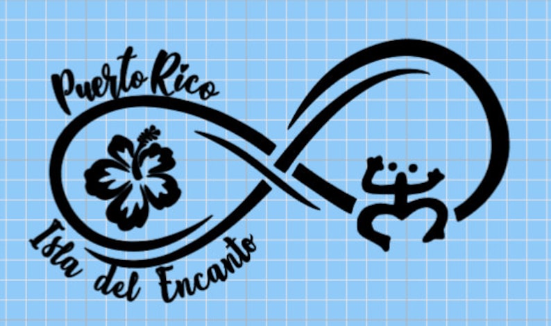 May include: Black and white infinity symbol design with the text "Puerto Rico Isla del Encanto" and a hibiscus flower on one side and a stylized frog on the other.