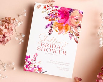 Pink Flower Bridal Shower Invite, Spring Flowers Bridal Shower, Hot pink flower bridal shower, Pink Bridal Shower Invitation Template