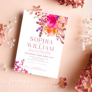 Wedding invitation, party invitation, bright floral invitation, pink floral, colourful, colorful, flowers, floral, instant download, SHELLIE