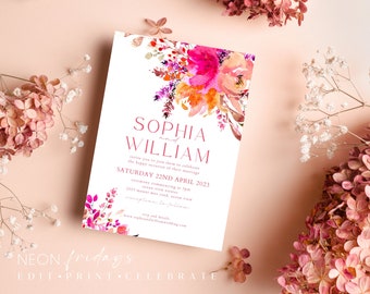 Wedding invitation, party invitation, bright floral invitation, pink floral, colourful, colorful, flowers, floral, instant download, SHELLIE