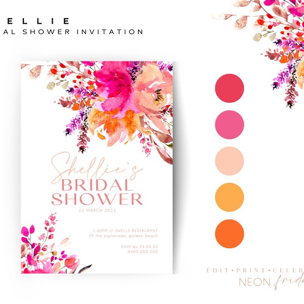 Bridal shower invitation, bright, colourful, colorful, flowers, floral, garden, party invite, instant download editable template Canva