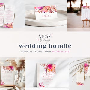 May include: A wedding bundle featuring various templates with floral designs in shades of pink, orange, and purple. Includes invitations, place cards, and signage. The text "NEON fridays" and "wedding bundle" are visible.