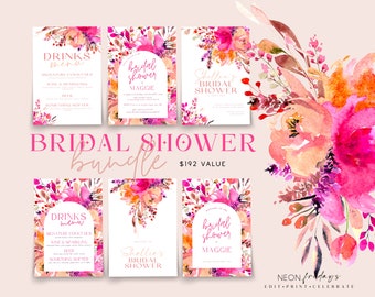 Lot d'invitations nuptiales pour la douche, nuptiale de douche, invitation florale lumineuse, invitation rose vif, invitation modifiable, invitation rose vif