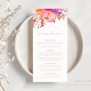 Tarjeta de menú de boda, tarjeta de menú de cena de boda, menú de evento, plantilla floral rosa y naranja, plantilla floral rosa brillante, disposición de la mesa del menú