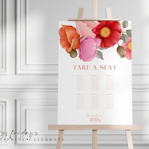 Bruidsdouche zitplaatsen grafiek, bruiloft zitplaatsen grafiek, welkomstbord, helder, kleurrijk, kleurrijk, bloemen, bloemen, klaproos, bruiloft, NICOLA