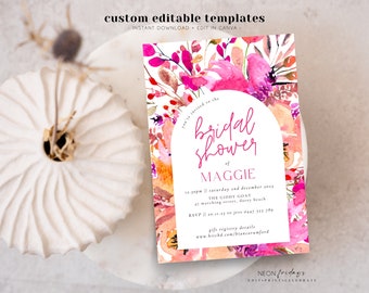 May include: A floral bridal shower invitation with a watercolor design. The invitation features pink and orange flowers, with the text "Bridal Shower of Maggie" in a white arch. The invitation also includes event details and RSVP information.