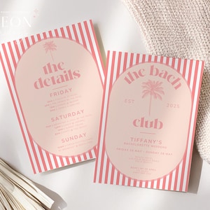 May include: Two pink and white striped cards with palm tree illustrations. The first card says "the details" and lists a Friday, Saturday, and Sunday schedule. The second card says "the bach club est 2025" and includes the text "Tiffany's Bachelorette Weekend Friday 20 May - Sunday 28 May".
