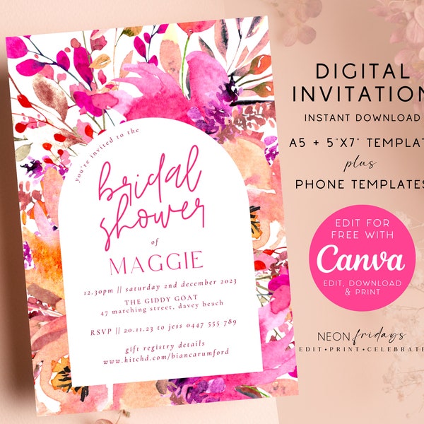 Faire-part de douche nuptiale, invitation florale lumineuse, invitation rose vif, invitation modifiable, douche nuptiale, modèle d'invitation, invitation rose vif