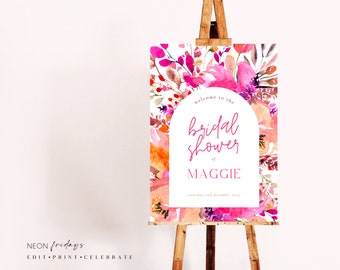 Bridal shower invitation, bright floral, pink floral invite, baby shower, welcome sign, wedding sign, instant download editable template