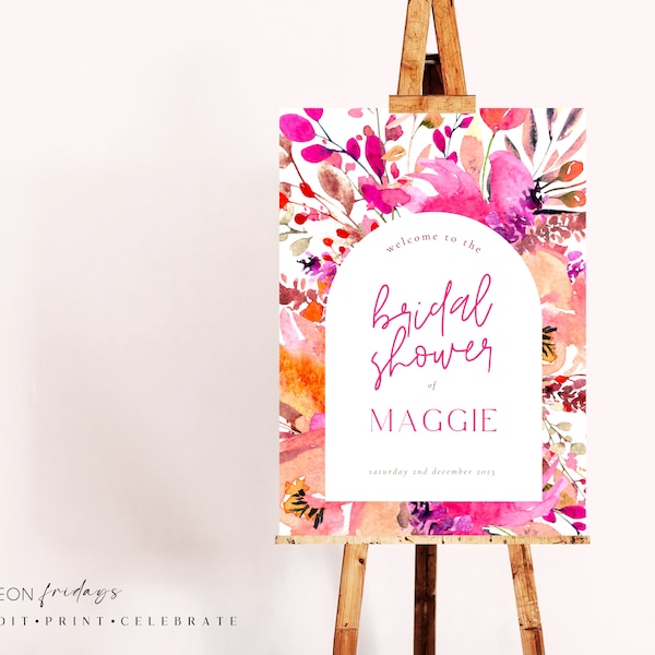 Bridal shower invitation, bright floral, pink floral invite, baby shower, welcome sign, wedding sign, instant download editable template